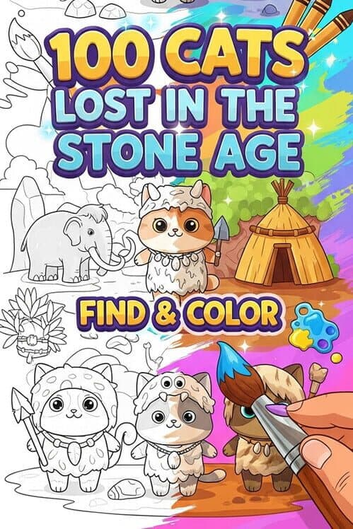 100 Cats Lost in the Stone Age Find & Color cover art